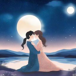 A romantic scene where two characters are sharing a gentle kiss under the moonlight