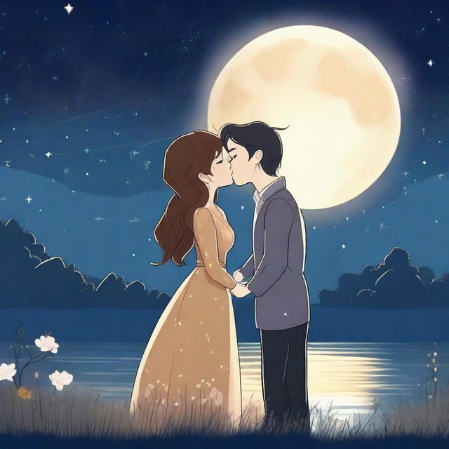 A romantic scene where two characters are sharing a gentle kiss under the moonlight