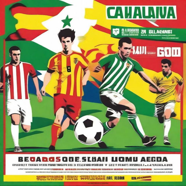 A vibrant and energetic poster announcing a soccer match between the national teams of Basque Country and Catalonia