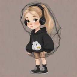 A charming cartoon drawing for kids featuring a girl with a clipped light brown ponytail, blonde hair, a veil on her head, black aesthetic earbuds, a fish net on her leg, and black oversized warmers on her arms.