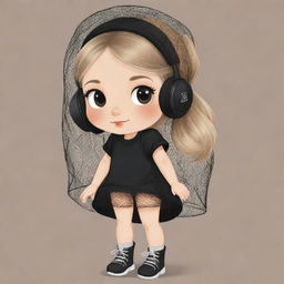 A charming cartoon drawing for kids featuring a girl with a clipped light brown ponytail, blonde hair, a veil on her head, black aesthetic earbuds, a fish net on her leg, and black oversized warmers on her arms.