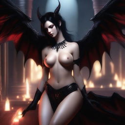 A seductive succubus with a devilish charm, featuring dark wings, a tail, and a sultry expression