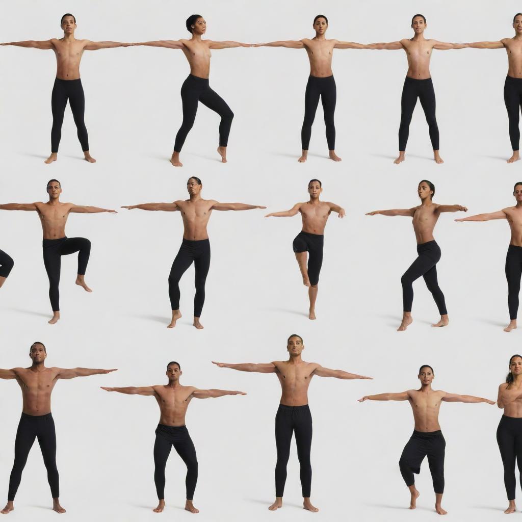 Collection of diverse human poses referencing the Atlas pose, including standing, sitting, bending, and stretching.