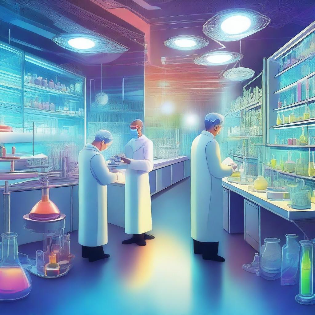 A vibrant and detailed depiction of a futuristic science laboratory with advanced technology, scientists in lab coats working on experiments, and various scientific equipment