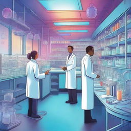 A vibrant and detailed depiction of a futuristic science laboratory with advanced technology, scientists in lab coats working on experiments, and various scientific equipment