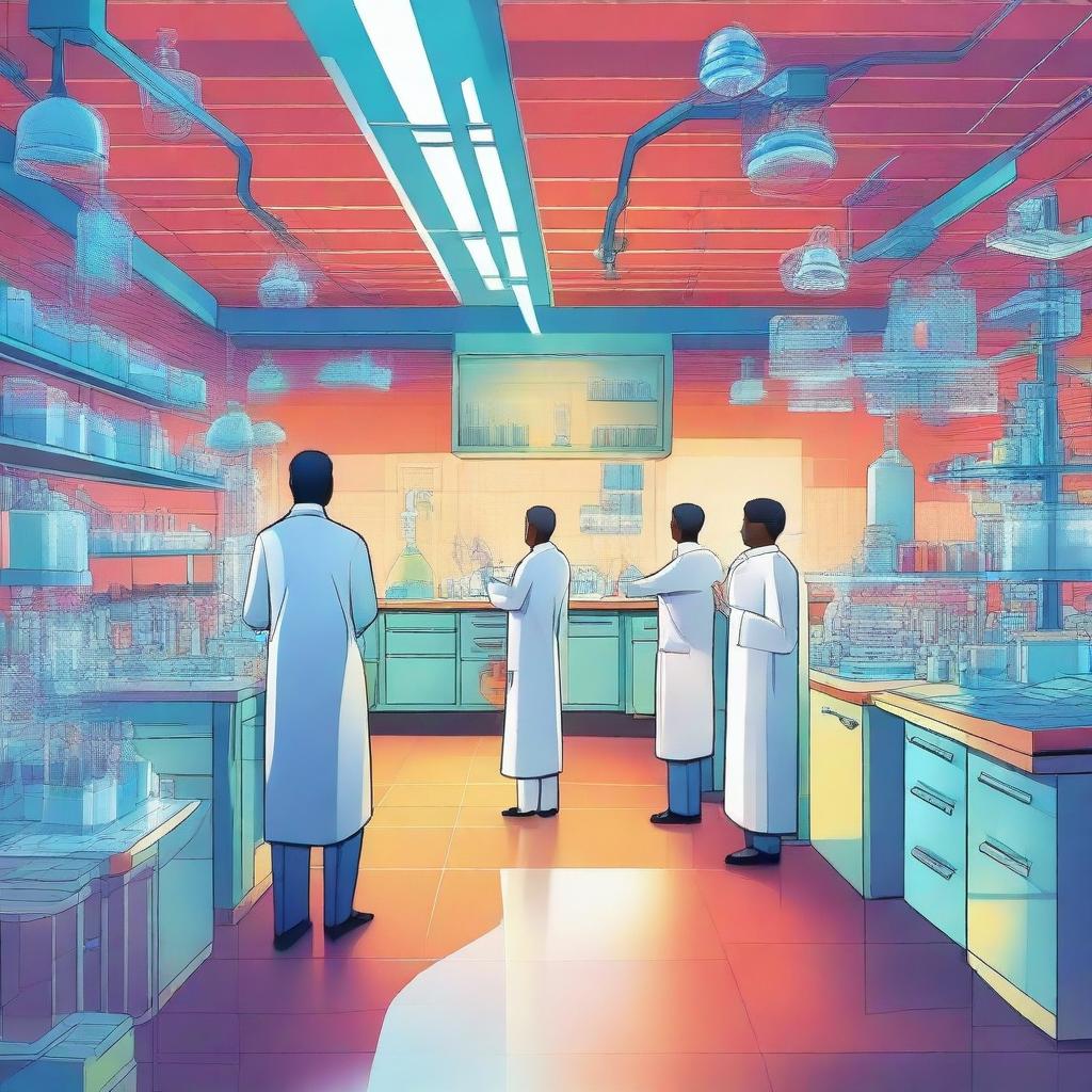 A vibrant and detailed depiction of a futuristic science laboratory with advanced technology, scientists in lab coats working on experiments, and various scientific equipment