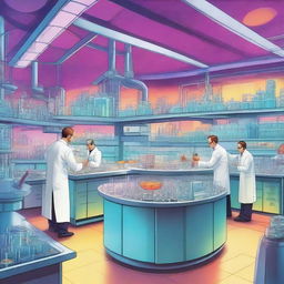 A vibrant and detailed depiction of a futuristic science laboratory with advanced technology, scientists in lab coats working on experiments, and various scientific equipment