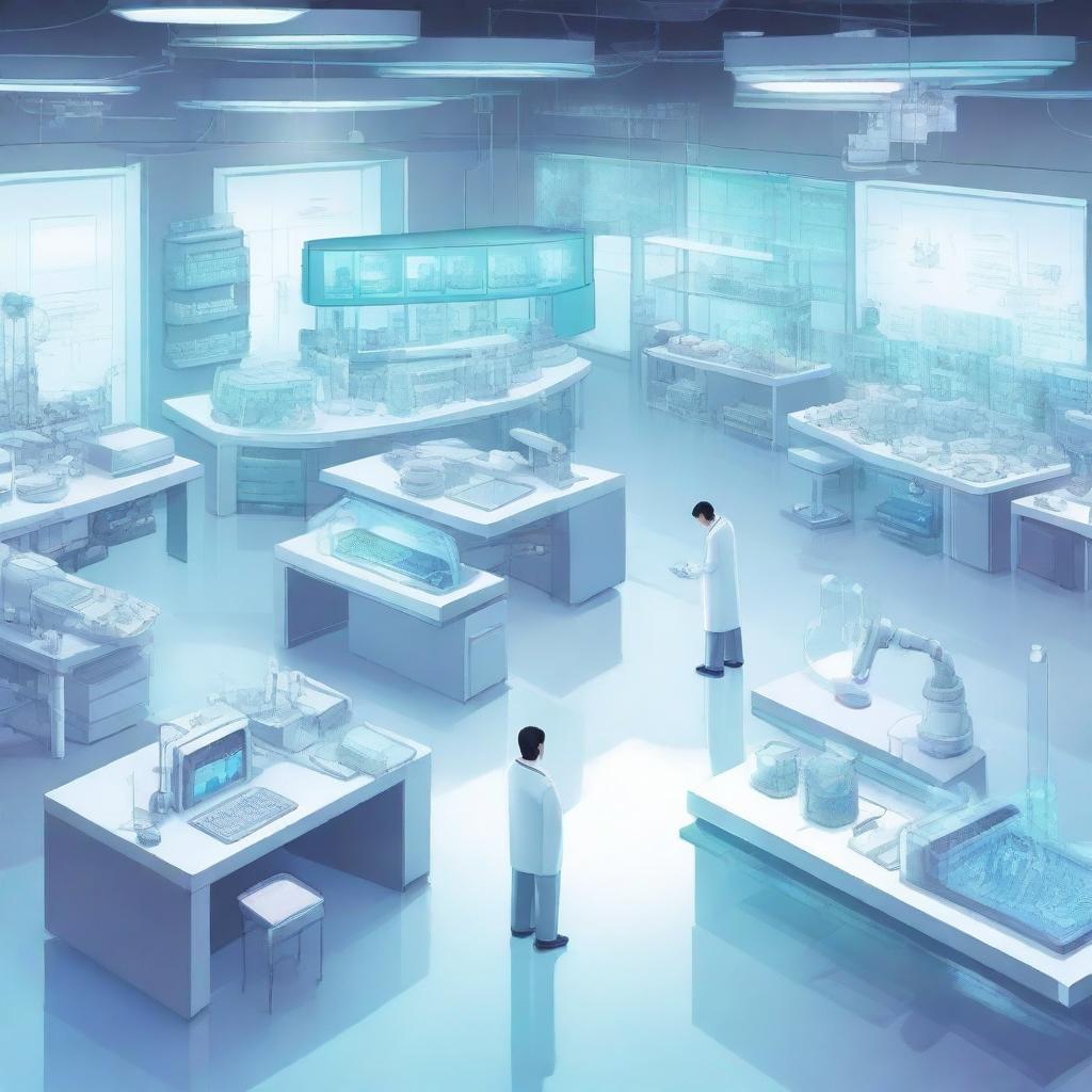 A detailed illustration of a futuristic science lab with advanced technology, robots, and scientists working on experiments