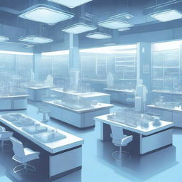 A detailed illustration of a futuristic science lab with advanced technology, robots, and scientists working on experiments