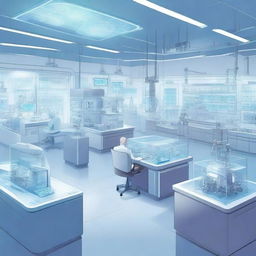 A detailed illustration of a futuristic science lab with advanced technology, robots, and scientists working on experiments