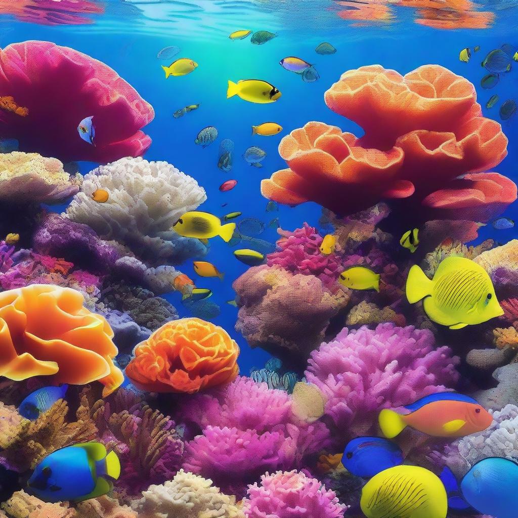 A vibrant underwater coral reef scene featuring a variety of colorful corals, tropical fish, and marine life