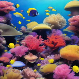 A vibrant underwater coral reef scene featuring a variety of colorful corals, tropical fish, and marine life