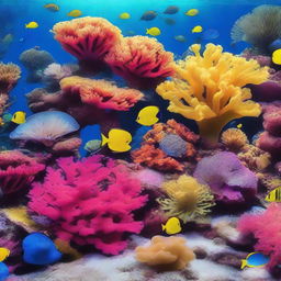 A vibrant underwater coral reef scene featuring a variety of colorful corals, tropical fish, and marine life