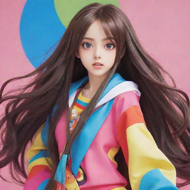 A youthful, vibrant anime girl with big expressive eyes, long, flowing hair, in a colorful, stylish outfit.