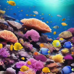 A vibrant underwater coral reef scene featuring a variety of colorful corals, tropical fish, and marine life