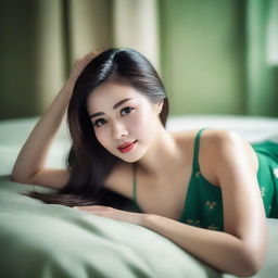 A beautiful Asian woman lying on her side, wearing green panties