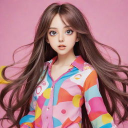 A youthful, vibrant anime girl with big expressive eyes, long, flowing hair, in a colorful, stylish outfit.