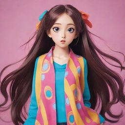 A youthful, vibrant anime girl with big expressive eyes, long, flowing hair, in a colorful, stylish outfit.