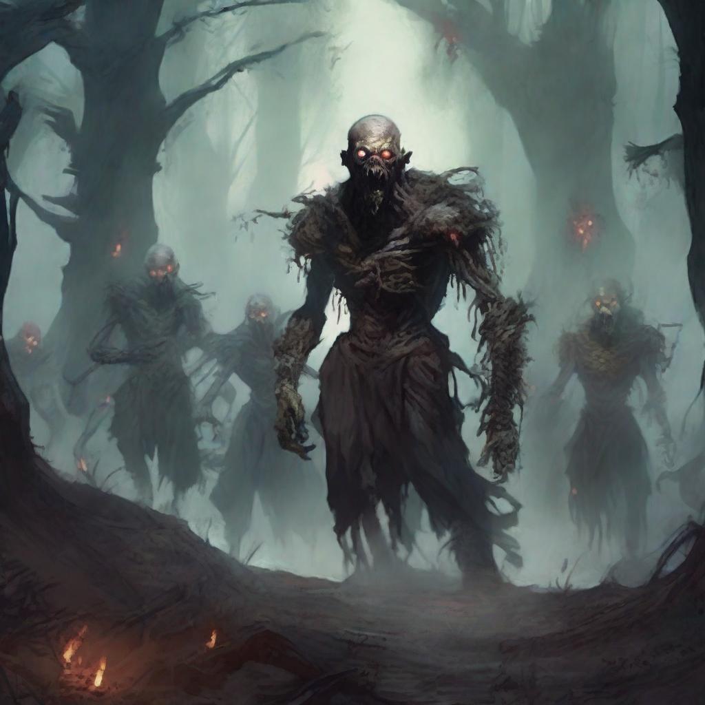 A horde of 12 Dungeons & Dragons zombies, shambling through a dark, eerie forest