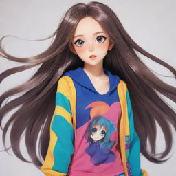 A youthful, vibrant anime girl with big expressive eyes, long, flowing hair, in a colorful, stylish outfit.