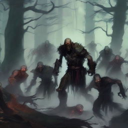 A horde of 12 Dungeons & Dragons zombies, shambling through a dark, eerie forest