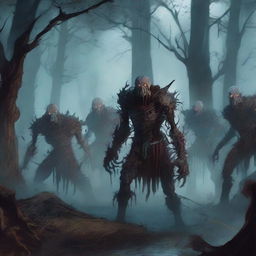 A horde of 12 Dungeons & Dragons zombies, shambling through a dark, eerie forest