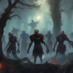 A horde of 12 Dungeons & Dragons zombies, shambling through a dark, eerie forest