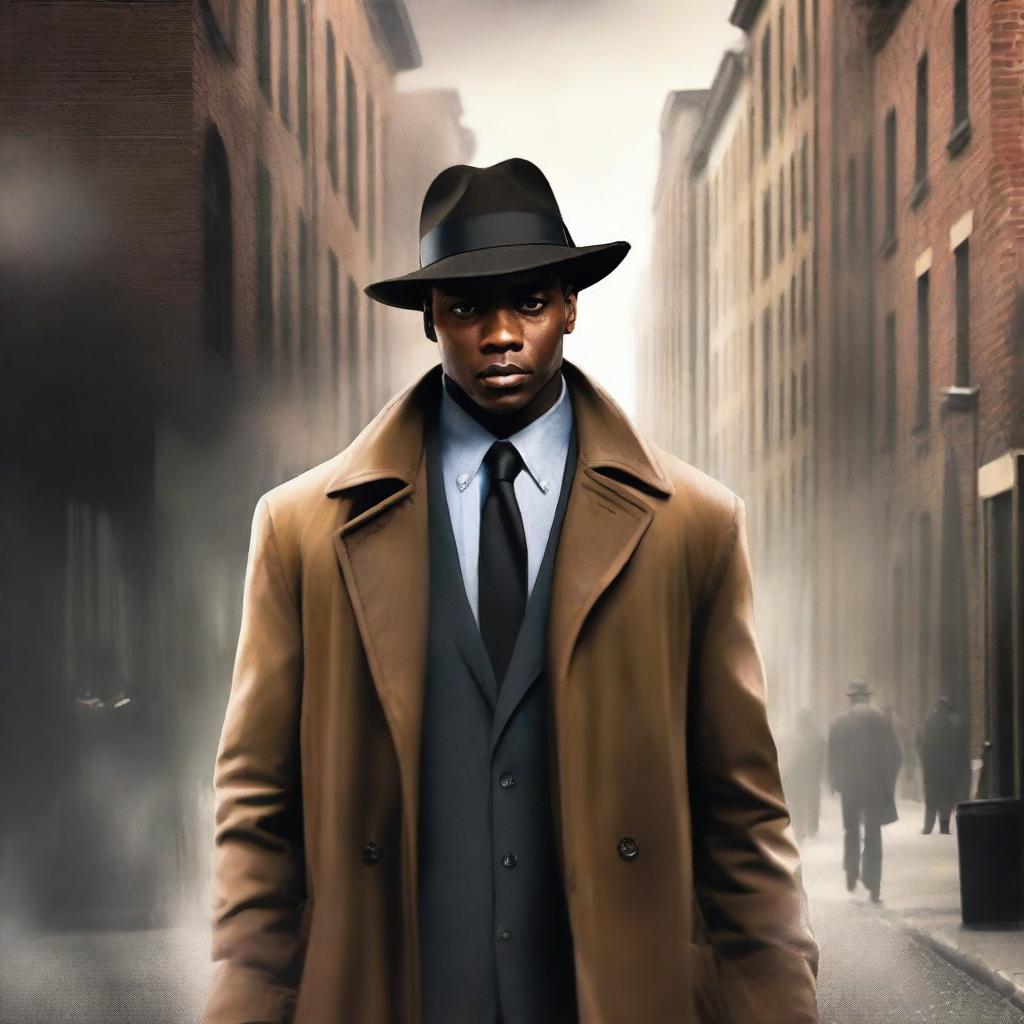 Create a book cover for a new detective series novel featuring a younger black man named Detective Gates