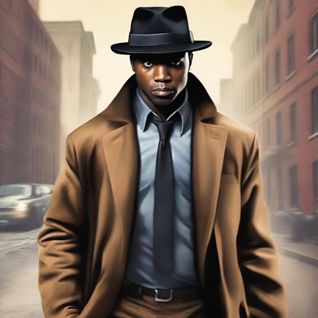 Create a book cover for a new detective series novel featuring a younger black man named Detective Gates