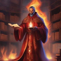 A detailed illustration of an Emberheart scholar fire mage, dressed in ornate robes with fiery patterns