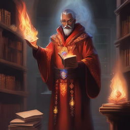 A detailed illustration of an Emberheart scholar fire mage, dressed in ornate robes with fiery patterns