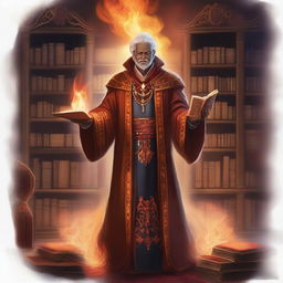 A detailed illustration of an Emberheart scholar fire mage, dressed in ornate robes with fiery patterns