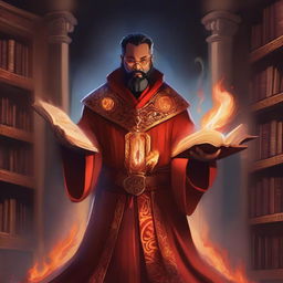 A detailed illustration of an Emberheart scholar fire mage, dressed in ornate robes with fiery patterns