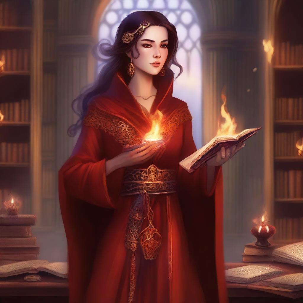 A detailed illustration of an Emberheart scholar, a female fire mage