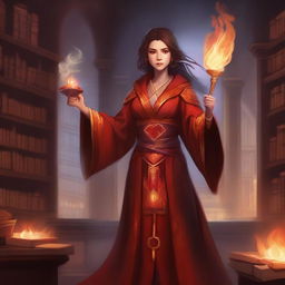 A detailed illustration of an Emberheart scholar, a female fire mage