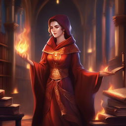 A detailed illustration of an Emberheart scholar, a female fire mage