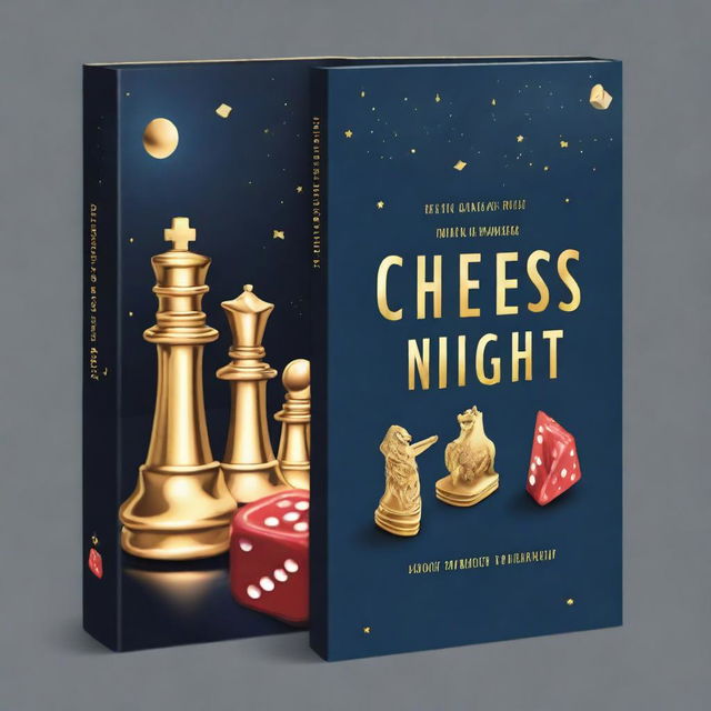 Design a book cover featuring a dark night sky background with various board game pieces engraved in gold