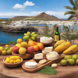 Create a realistic image featuring products from the island of Gran Canaria