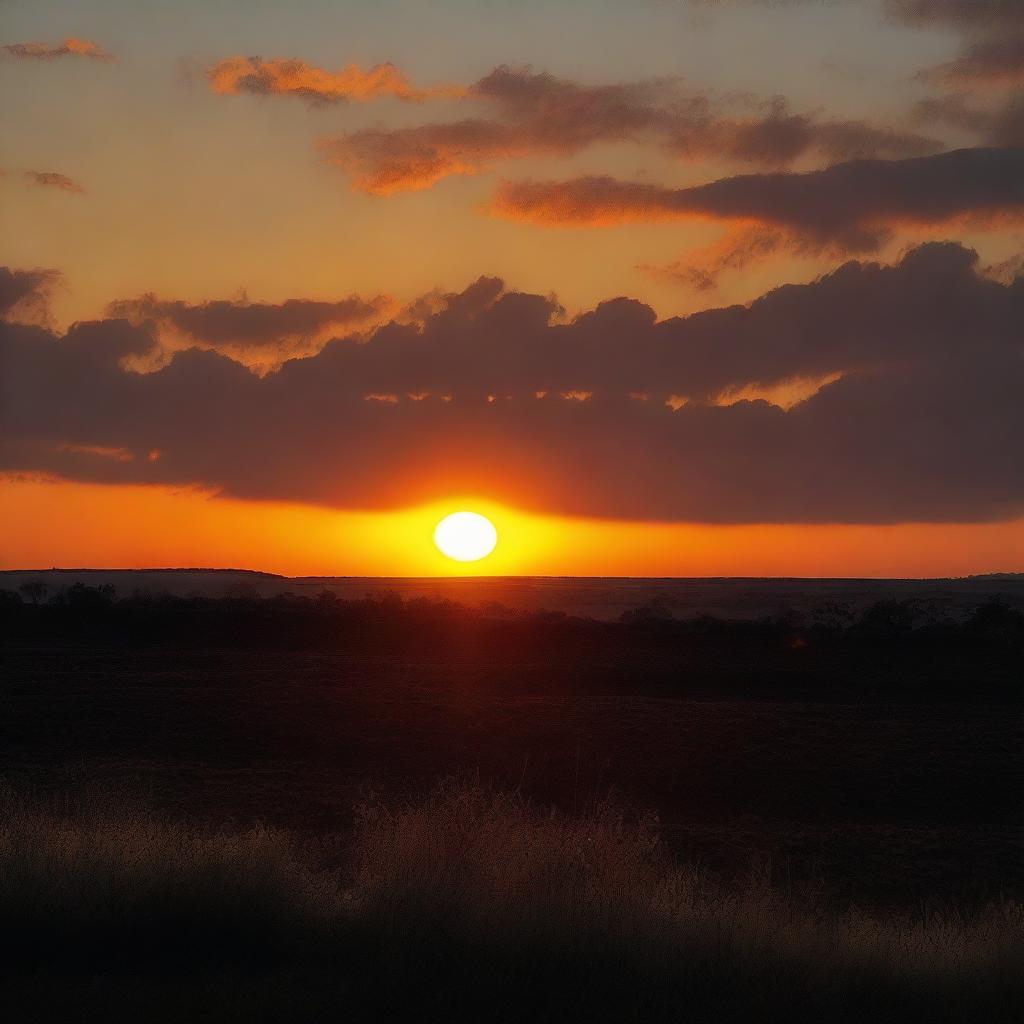 A rising bright orange sun with fading darkness on the edge of the horizon