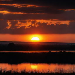 A rising bright orange sun with fading darkness on the edge of the horizon