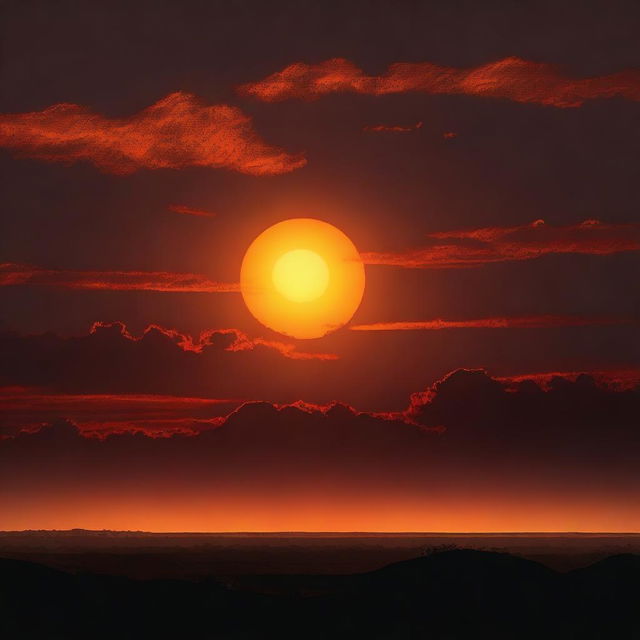 A rising bright orange sun with fading darkness on the edge of the horizon