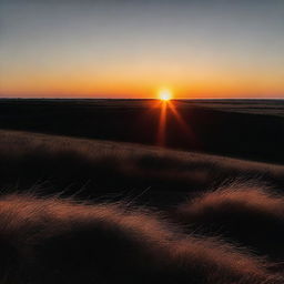 A rising bright orange sun with fading darkness on the edge of the horizon