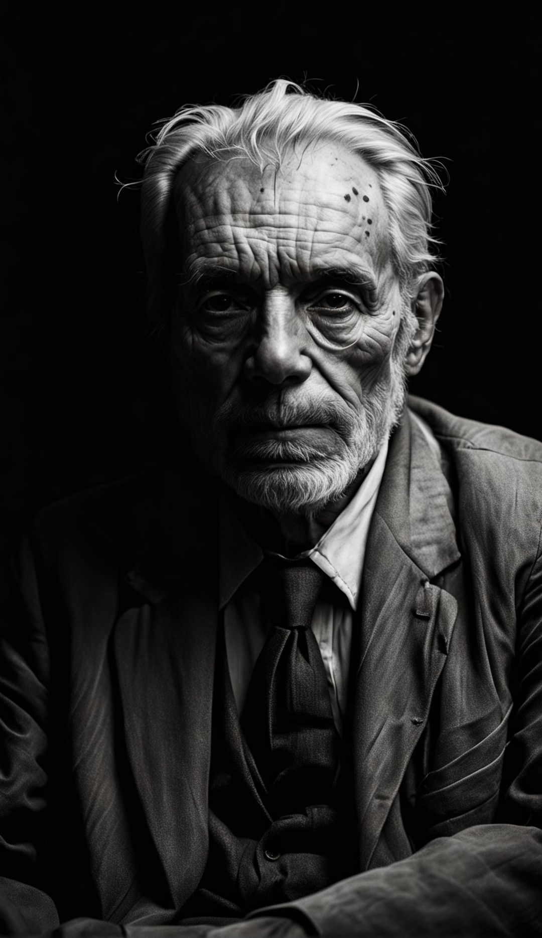 Black and white Yousuf Karsh style photograph of an elderly man with deep wrinkles and wise eyes, dressed in a classic suit with a cane.