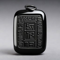 A polished black stone amulet with fine engravings on its surface depicting ancient runes and symbols of longevity and resurrection