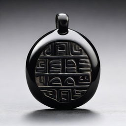 A polished black stone amulet with fine engravings on its surface depicting ancient runes and symbols of longevity and resurrection