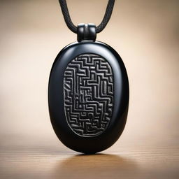 A polished black stone amulet with fine engravings on its surface depicting ancient runes and symbols of longevity and resurrection