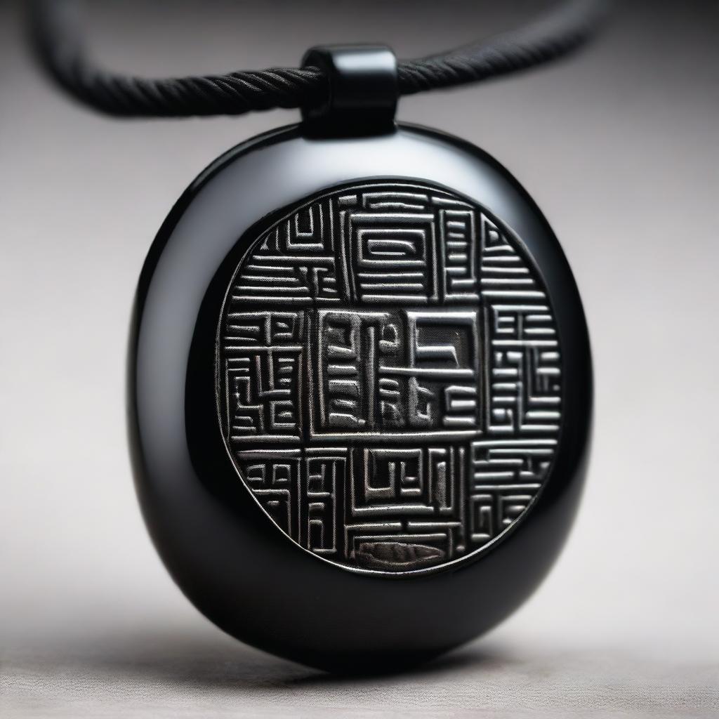 A polished black stone amulet with fine engravings on its surface depicting ancient runes and symbols of longevity and resurrection