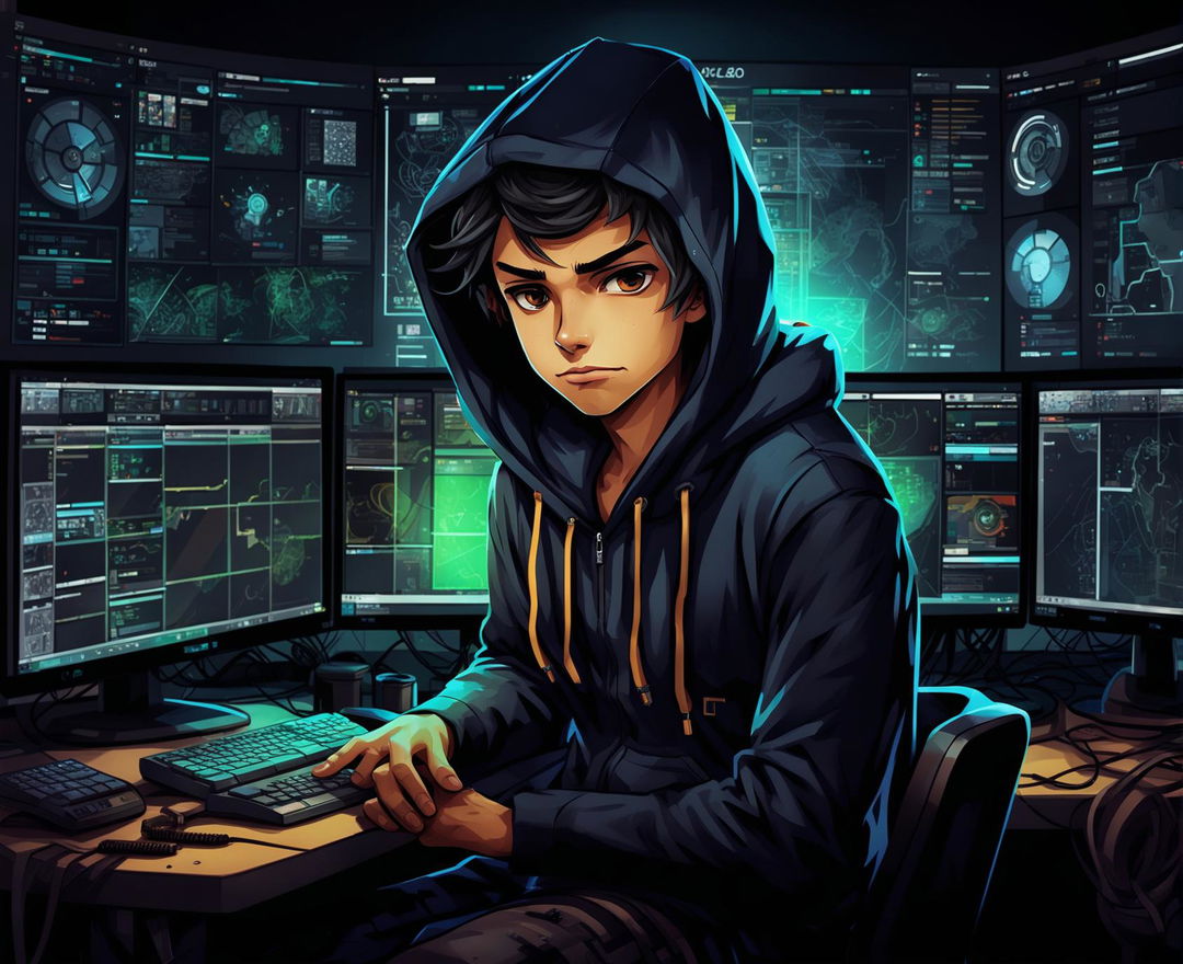 Character design for João "The Hacker" Martins, a young computer genius in a high-tech, dimly lit workspace with multiple monitors and hacking tools