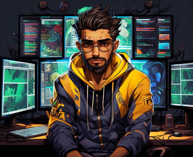 Character design for João "The Hacker" Martins, a Brazilian computer genius with dark hair and a well-groomed beard, in a high-tech, dimly lit workspace with multiple monitors and hacking tools