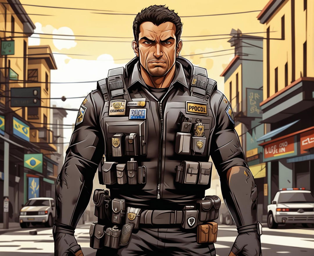 Character design for Diego "The Cop" Silva, a Brazilian law enforcement officer in his early thirties with a muscular build, short dark hair, and a clean-shaven face